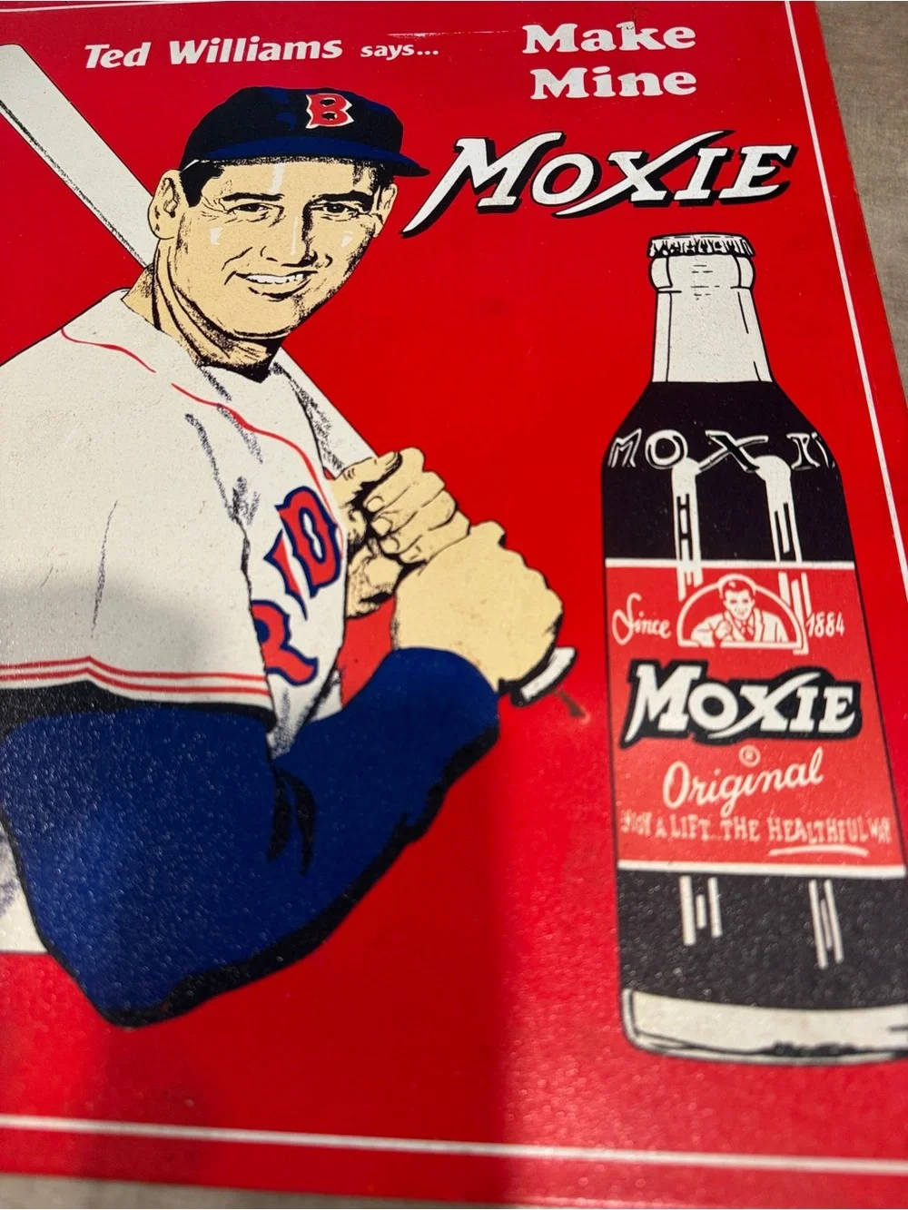 Vintage Ted Williams says Make Mine Moxie Cola Desperate Sign Co Tin Sign 13x15”